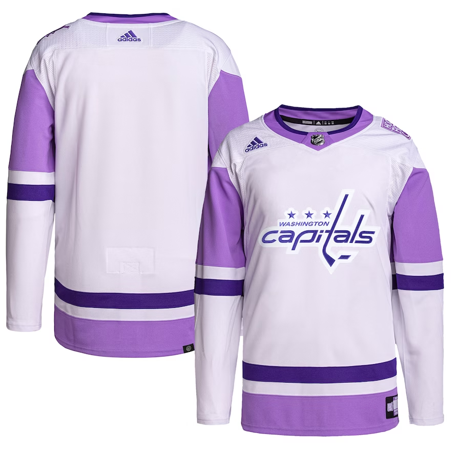 Washington Capitals Hockey Fights Cancer Jersey – Men's White/Purple Primegreen Authentic Blank NHL Jersey